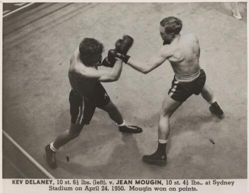 Kevin Delaney, 10 st. 6 1/2 lbs., versus Jean Mouglin, 10 st. 4 1/2 lbs., at Sydney Stadium, Sydney, New South Wales, April 24, 1950 [picture]