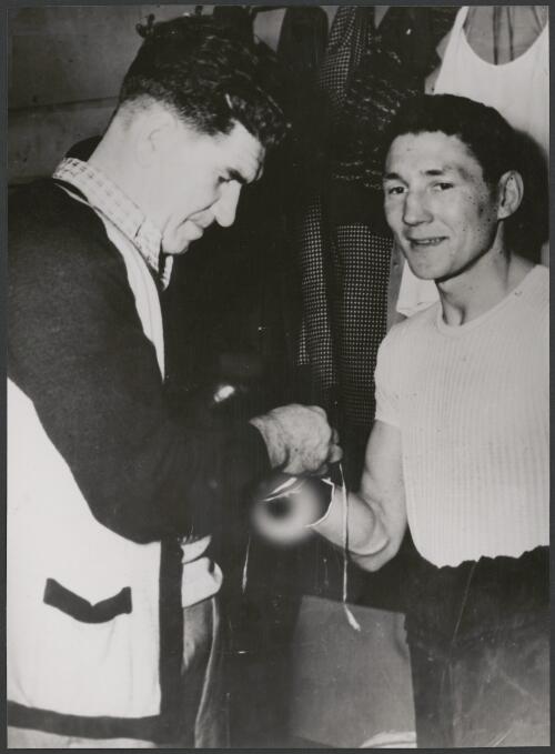Archie Kemp on right and his trainer Dave Shine, 1949 [picture]