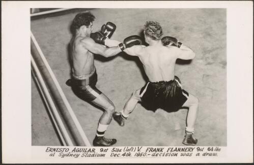 Ernesto Aguilar, 9 st. 5 lbs., versus Frank Flannery, 9 st. 6 3/4 lbs., at Sydney Stadium, December 4th, 1950 [picture]