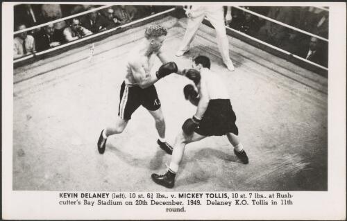 Kevin Delaney, 10 st. 6 3/4 lbs., versus Mickey Tollis, 10 st. 7 lbs., at Rushcutter's Bay Stadium on 20th December, 1949 [picture]