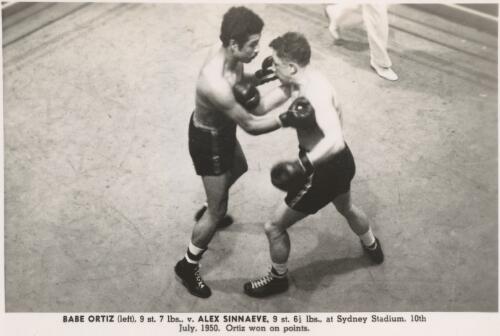 Babe Ortiz, 9 st. 7 lbs., versus Alex Sinnaeve, 9 st. 6 1/2 lbs., at Sydney Stadium, 10th July, 1950 [picture]