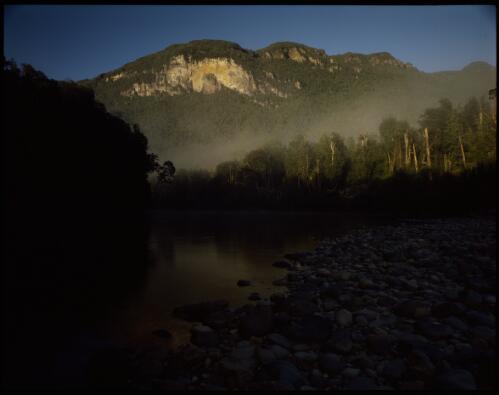 Valley fog disipates below Elliot Range, Franklin River, Tasmania 1979, 3 [transparency] / Peter Dombrovskis