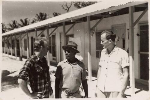 Outside the Qantas Single Men's Quarters, West Island, Cocos Islands between 1952 and 1954 [picture] / Tom Meigan