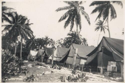 Tents erected for the single men while their permanent quarters were being built, West Island, Cocos Islands between 1952 and 1953 [picture] / Tom Meigan
