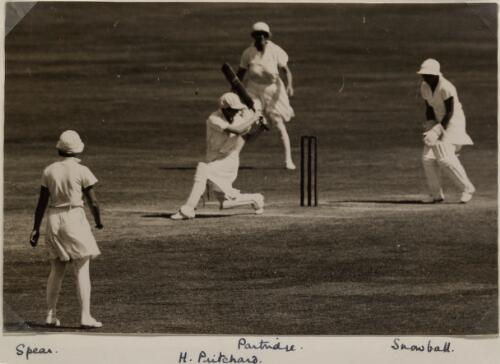 Spear and Partridge fielding (England), Snowball wicket keeping, and Hazel Partridge batting (NSW), Sydney, 1935 [picture]