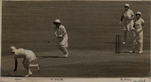 Spear (English fielder) pursues the ball as Kathleen Smith (NSW batsman) takes a run, watched over by Partridge and Snowball (English fielder and wicketkeeper), Sydney, 1935 [picture]