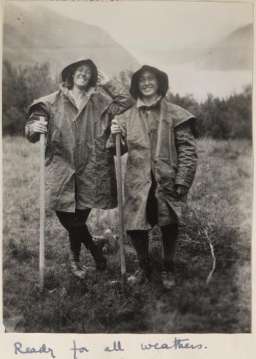 Betty Snowball and Myrtle Maclagan in wet weather gear, "Ready for all weathers", New Zealand, 1935 [picture]