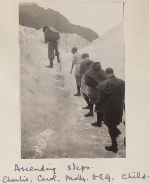 Ascending ice steps on the Franz Josef Glacier, Charlie (guide), Carol Valentine, Molly Hide, HEG (Betty Green), Molly Child, New Zealand, 1935 [picture]