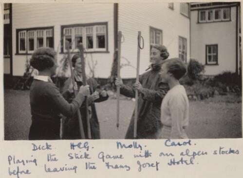 "Playing the stick game with our alpen stocks before leaving the Franz Josef Hotel", Marjorie Richards, Betty Green, Molly Hide, Carol Valentine, New Zealand, 1935 [picture]