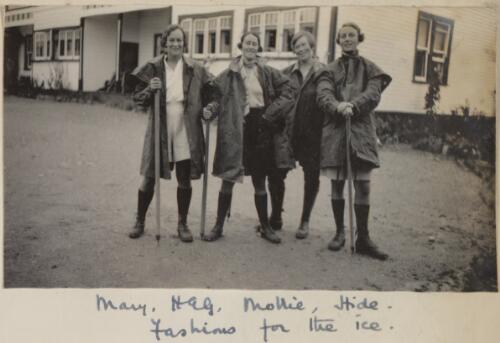 Mary Spear, Betty Green, Mollie Child, Mollie Hide, modelling "fashions for the ice" (Climbing gear for Franz Josef Glacier), New Zealand, 1935 [picture]