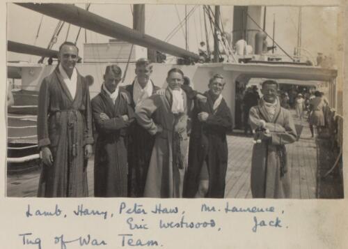 Men's tug-of-war team wearing dressing gowns, S.S. Rotorua, 1935 [picture]