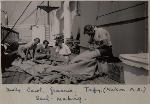 Molly Hide, Carol Valentine, Frannie and Taffy (Nelson, A.B.) sail-making on the S.S. Rotorua, 1935 [picture]