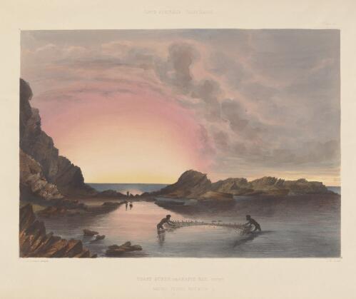 Coast scene near Rapid Bay at sunset, Aboriginal Australians fishing with nets, South Australia, 1847 / George French Angas; J.W. Giles