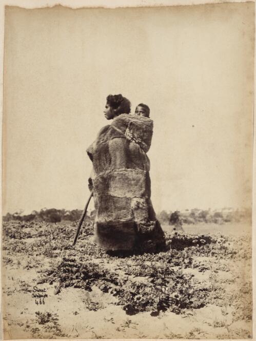 Portrait Aboriginal woman Teenminnie, wife of Pelican, wearing a kangaroo skin cloak, Point McLeay region, South Australia, ca. 1860