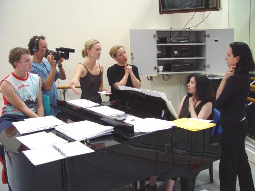 Elena Kats-Chernin at the piano with Meryl Tankard and dancers of The Australian Ballet discussing the music for Wild Swans [picture] / Regis Lansac