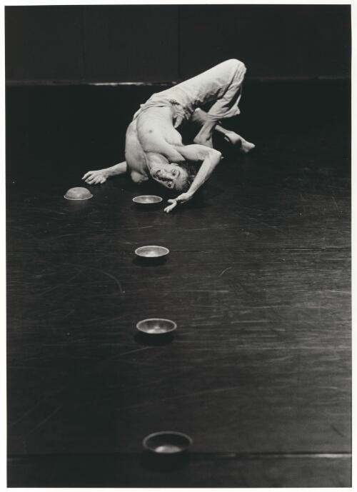 Pierre Thibaudeau of Entr'acte, solo performance with bowls [Solo performance by Pierre Thibaudeau of Entr'acte Theatre at The Performance Space, Redfern, New South Wales, June 1985] [picture] / Regis Lansac