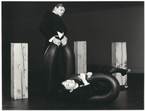Pneu duet [Two performers with tyre inner tubes, Entr'acte Theatre photo session, May 1985] [picture] / Regis Lansac