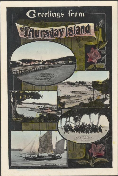 [Five views of Thursday Island, including] Thursday Island from the wharf, Victoria Parade, [view of harbour],  native dance, Torres Island, pearling lugger, [ca. 1917 -1920] [picture]