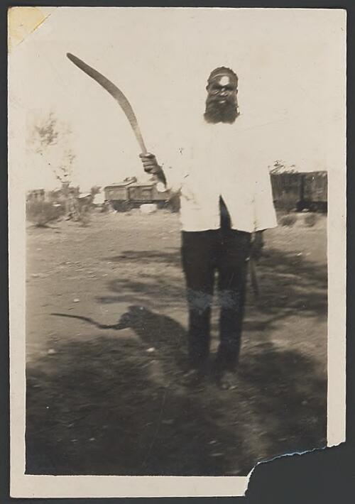 Aboriginee [i.e. Aborigine] at Barton, boomerang, Sat. [i.e. Saturday] 30th March, 1929 [picture]