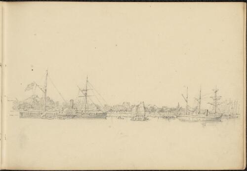 Paddle steamers and junks at the British Concession of Shameen, Guangzhou, China, ca. 1873 [picture] / Marciano Baptista