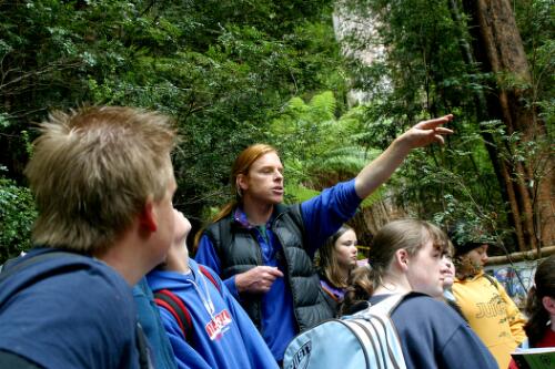Vica Bayley, Wilderness Society, takes a group of Year 10 students from a Hobart High School on a tour of the area near the Global Rescue Station in the Styx Valley, Tasmania [picture] / June Orford