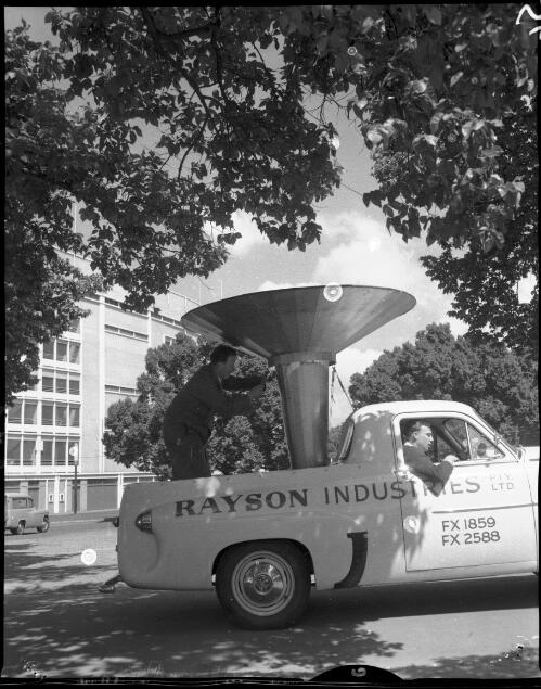The Olympic cauldron being transported in a Rayson Industries utility truck, Melbourne, December 1956 [picture]