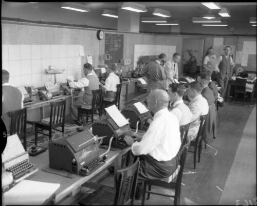 The press room at the Melbourne Cricket Ground, Olympic Games, Melbourne, 23 November 1956 [picture]