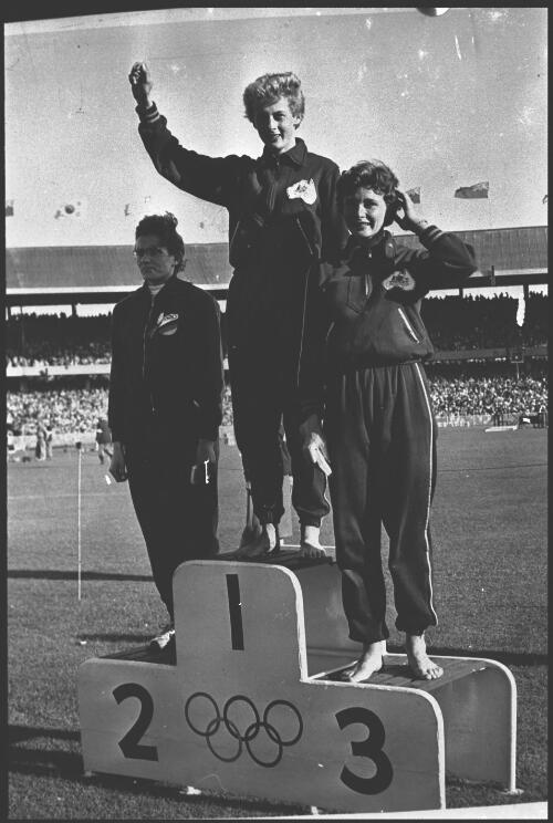 Winners of the women's 80m hurdles, Shirley Strickland (Australia), Gisela Kohler (Germany) and Norma Thrower (Australia) on the dais, Olympic Games, Melbourne, 28 November 1956 [picture]