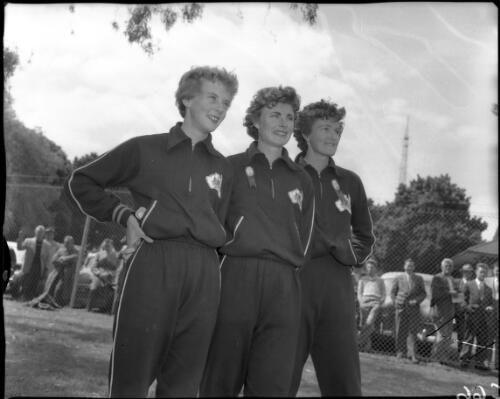 [Three Australian women athletes, Betty Cuthbert, Marlene Matthews and Norma Croker?, Olympic Games, Melbourne, 29 November 1956] [picture]
