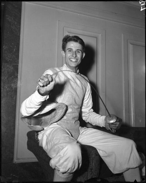 [Unidentified male fencer at the St. Kilda Town Hall venue, Olympic Games, Melbourne, 23 November 1956] [picture]