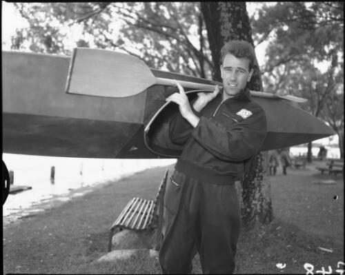 [Male rower carrying his boat, Olympic Games, Melbourne, 29 November 1956] [picture]