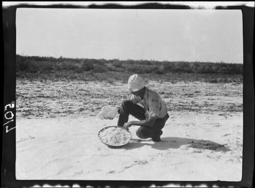 Expedition member examining salt collected from near Lake Gregory, Western Australia, 1925 / Michael Terry