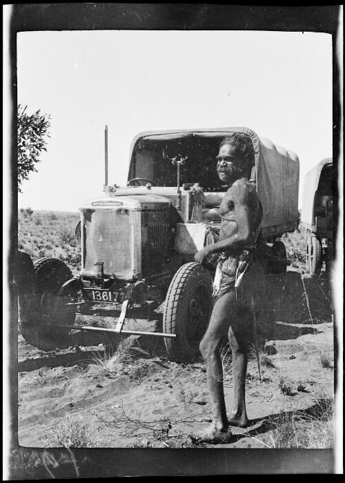 Aboriginal man named Charlie meeting the expedition near Eil Eil Spring, Western Australia, 1928, 2 / Michael Terry