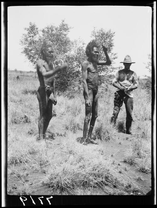 Two Aboriginal men with scarring on their upper bodies meeting the expedition near Thomsons Rockhole, Northern Territory, 1928, 1 / Michael Terry