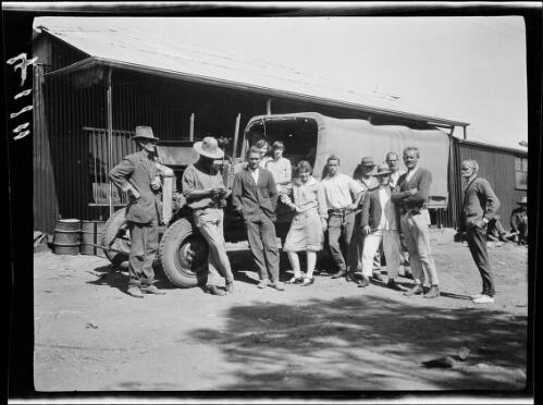 Michael Terry and a group of people with the expedition's Morris Commercial truck, Halls Creek, Western Australia, 1928 / Michael Terry
