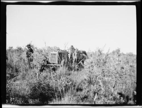 Two expedition members and a Morris Commercial truck in thick scrubland, Central Australia?, approximately 1930 / Michael Terry