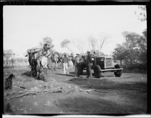 Four expedition members, a dog, a string of camels and a Morris Commercial truck near Katamala Cone, Northern Territory, 1930 / Michael Terry