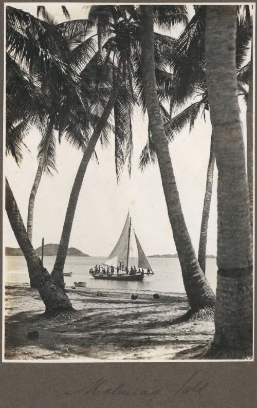 Mabuiag Island [view of sailing boat through palm trees] [picture] / Frank Hurley