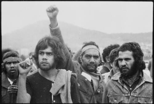 Four unidentified men at the Aboriginal land rights demonstration, Parliament House, Canberra, 30 July 1972 [picture] / Ken Middleton