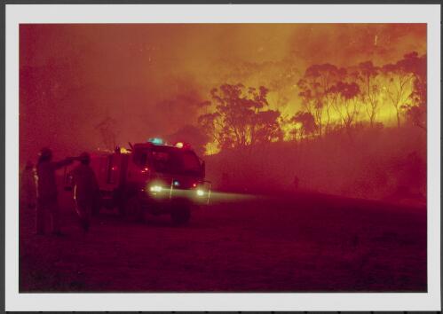 Firefighters from the N.S.W. Hunter Region on Ballineen keep a lookout for spot fires in the home paddocks as the Stockyard fire burns up the timbered slopes of Mount Tennent, [17 January 2003] [picture] / Jeff Cutting