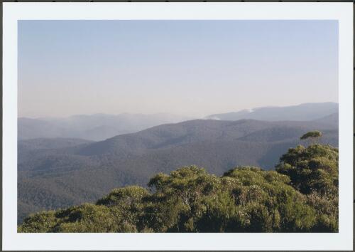 Two smoke plumes visible in the ranges to the south of Mount Coree are from the Bendora fire (middle) and Stockyard Spur fire (right) at 6.39pm, 8th January 2003 [picture] / Jeff Cutting