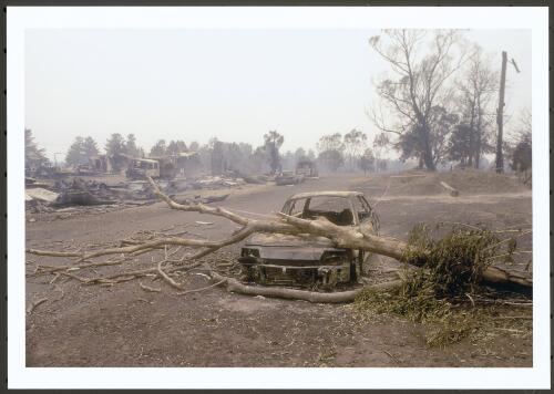 An incinerated motor vehicle in Stromlo Forestry settlement and ruins of workshops, [19 January 2003] [picture] / Jeff Cutting