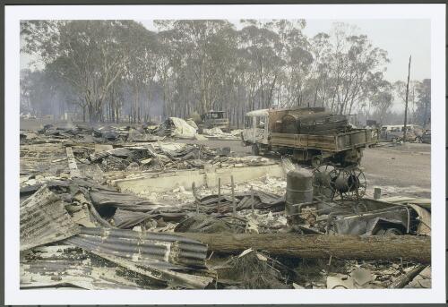Ruins of workshops, garages and vehicles, Stromlo Forestry Depot, [19 January 2003] [picture] / Jeff Cutting