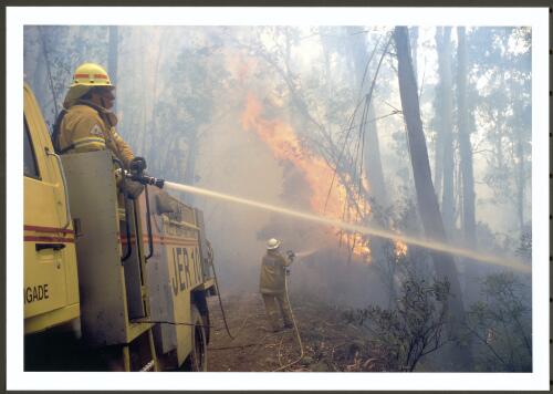 Bushfire tankers from ACT Jerrabomberra and Parks brigades cool down a flare-up along Chalet Road, on Bendora Hill, 11th January 2003 [picture] / Jeff Cutting