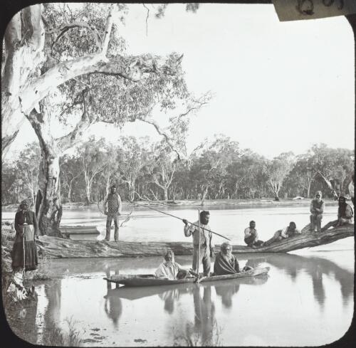 Aboriginal Australian people fishing from the banks and a bark canoe, lower Murray River near Chowilla Station, South Australia, 1886 [transparency] / Charles Bayliss