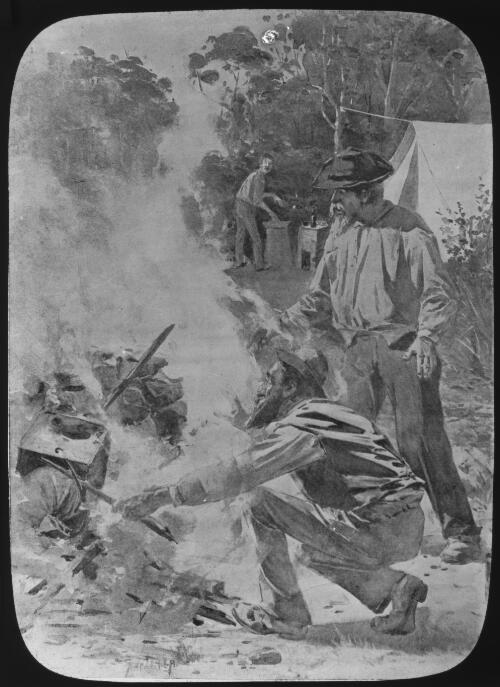 Two men tending a bush camp fire, Australia, ca. 1890 [transparency]