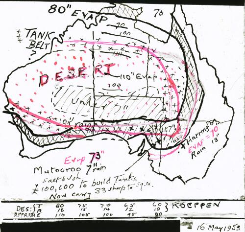 Meteorological diagram of evaporation levels across Australia, 16 May, 1953 [transparency] / Thomas Griffith Taylor