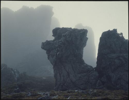 Crags below Mount Hesperus, Western Arthur Range, southwest Tasmania, 1984?, 5 [transparency] / Peter Dombrovskis