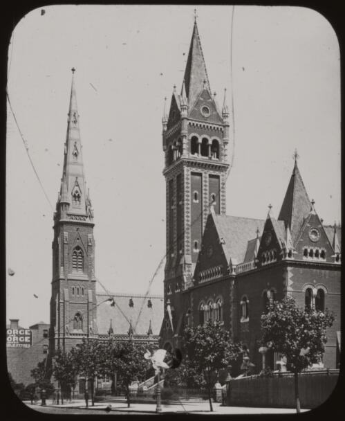 Scots and Bevan's Churches, Melbourne, ca.1892 [transparency] / Fred Hardie