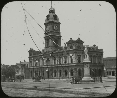 Town Hall and statue of Tom Moore, Ballarat, Victoria, ca.1892 [transparency] / Fred Hardie